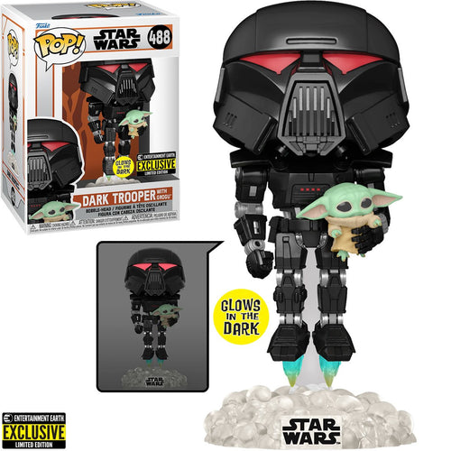 Star Wars: The Mandalorian Dark Trooper with Grogu Glow-in-the-Dark Pop! Vinyl Figure #488 - Entertainment Earth Excl.